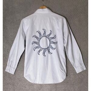 Boho Striped Button Down Shirt Embroidered Medium Celestial Minimalist Preppy